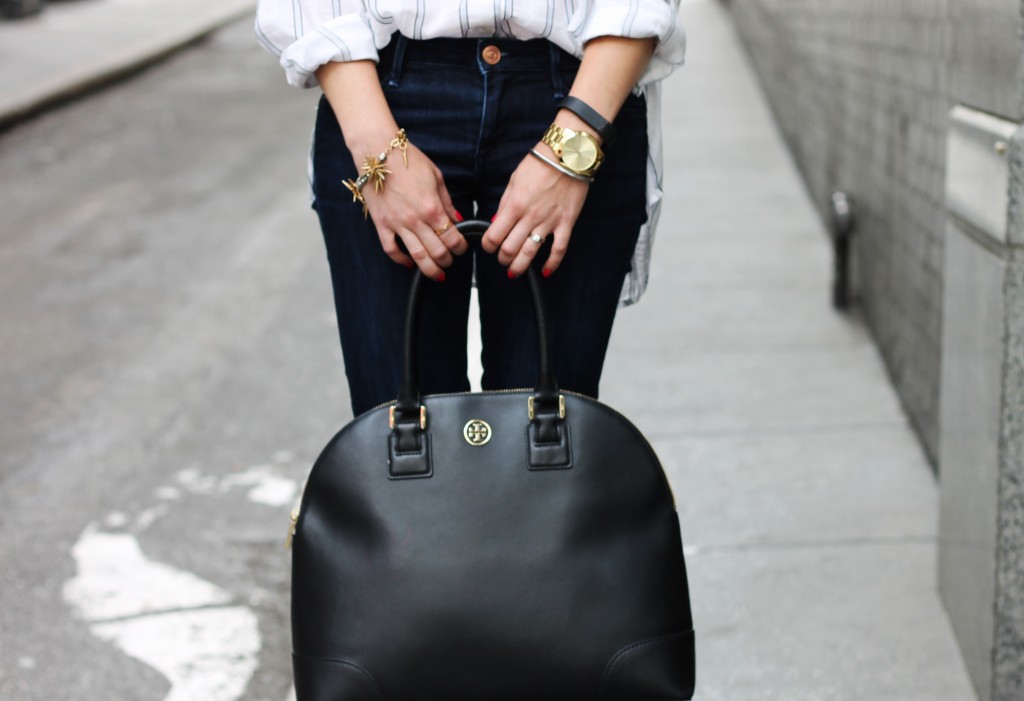 michael kors runway watch, fitbit, black tory burch bag, robinson dome satchel, j.Crew bracelet, 