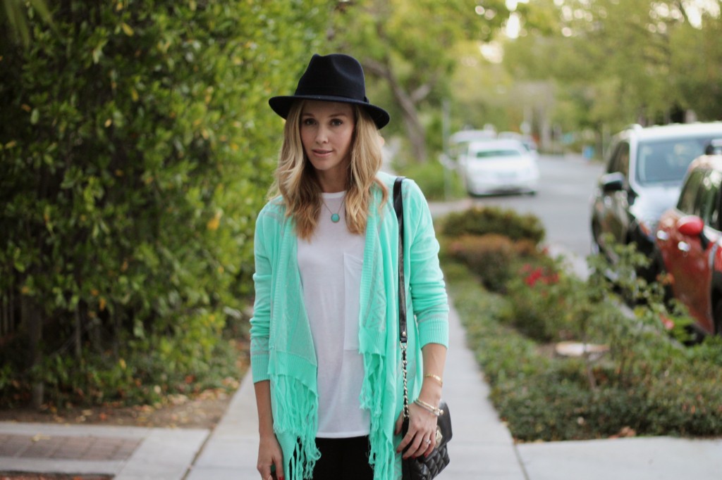 fringe kimono, vanity kimono, rag and bone bowery tank, fedora