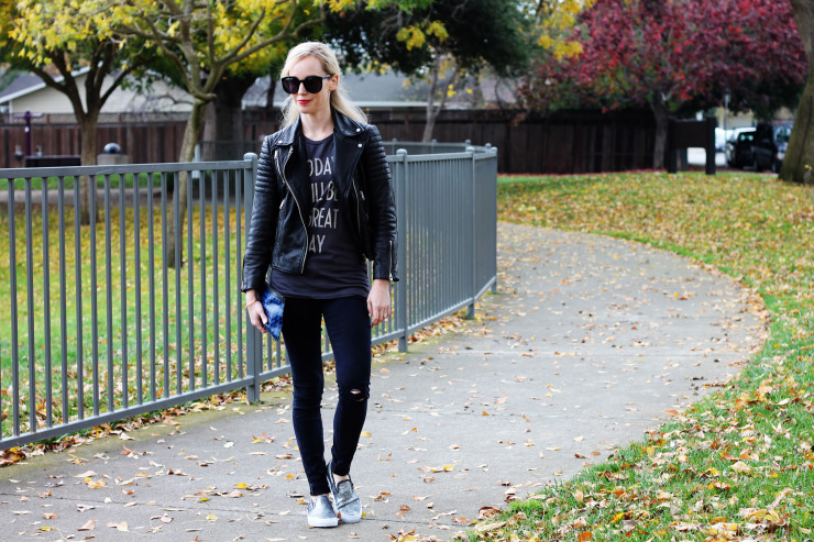 t-shirt and ripped jeans