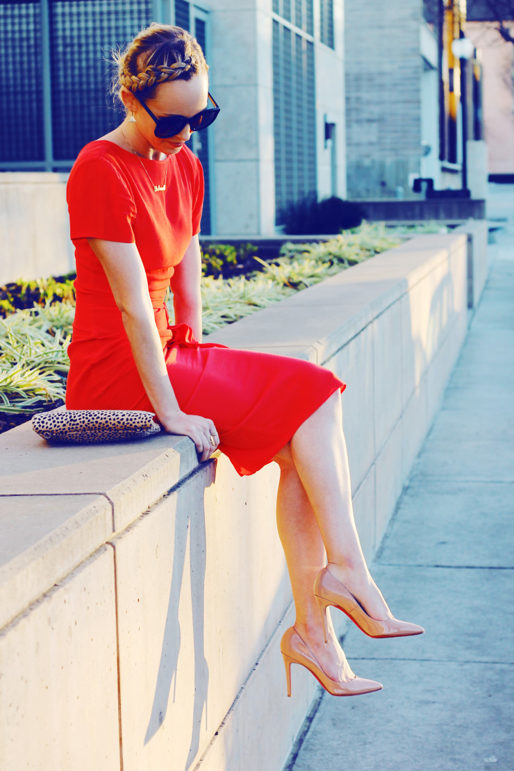 red dress with nude pumps