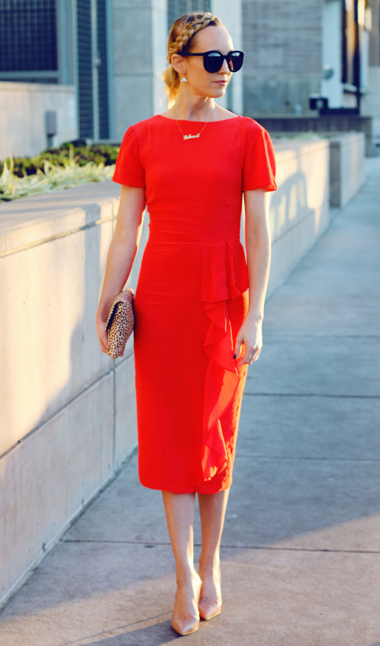 red pencil dress with waterfall detail