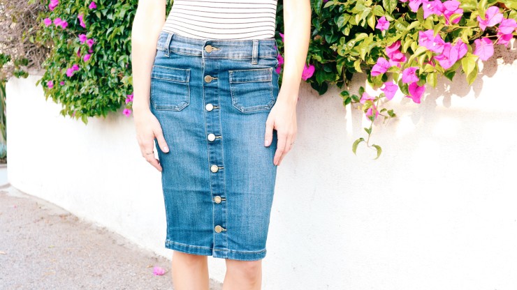 Button Front Denim Pencil Skirt