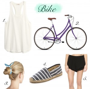 outfits for bike rides, purple bikes, commuter bikes, cute outfits to wear on bike rides, summer bike ride outfit ideas
